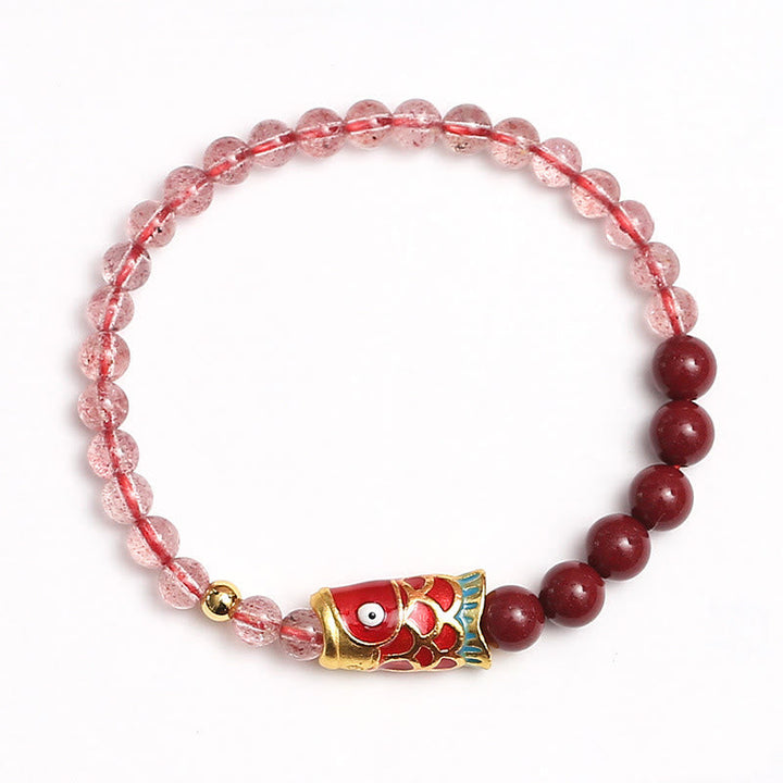 Armband Erdbeerquarz Zinnober Koi Fisch elastisch Naturstein Glück Heilung