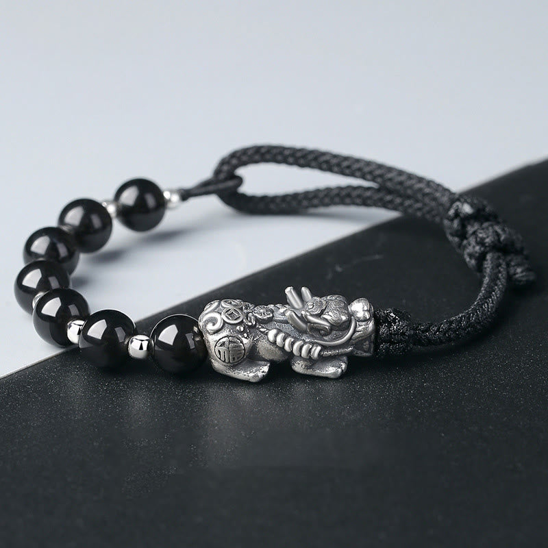 Schwarzes Obsidian Pixiu Armband mit 925 Silber Verschluss elegant.