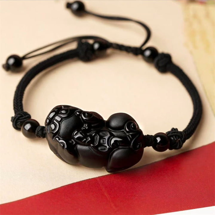 Schwarzes Pixiu Obsidian Armband mit Kordelzug elastisch tragbar