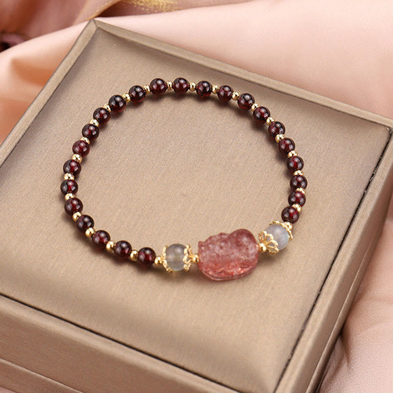 Armband Erdbeerquarz Mondstein mit Granaten eleganter Schmuck Geschenkbox