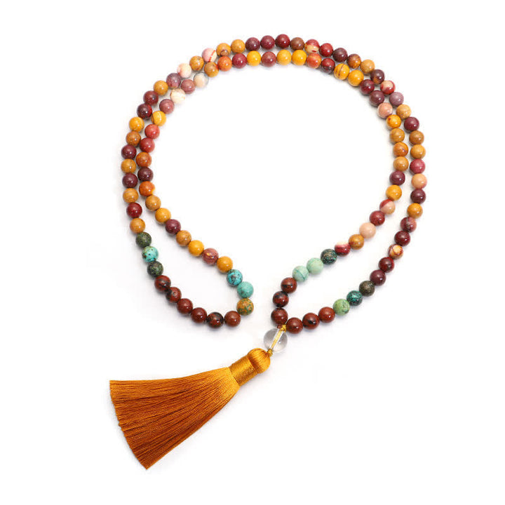 Mala 108 Perlen Mookaite Emotional Halskette mit orangefarbenem Quaste.