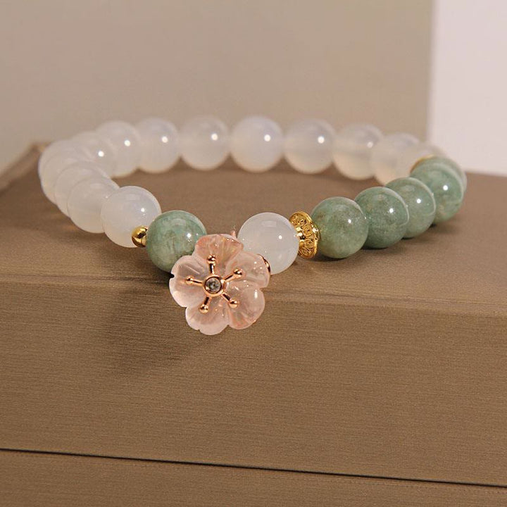 Armband Achat Jade mit Rosenquarz Blüte Anhänger elastisch Naturstein.