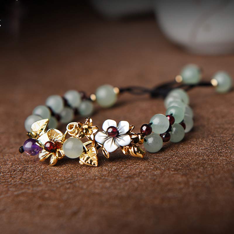 Armband Grüner Aventurin Granat & Blüten Anhänger - Glück