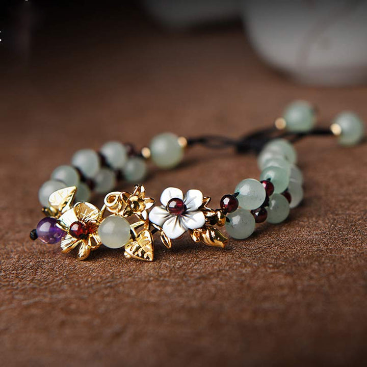 Armband Grüner Aventurin Granat & Blüten Anhänger - Glück