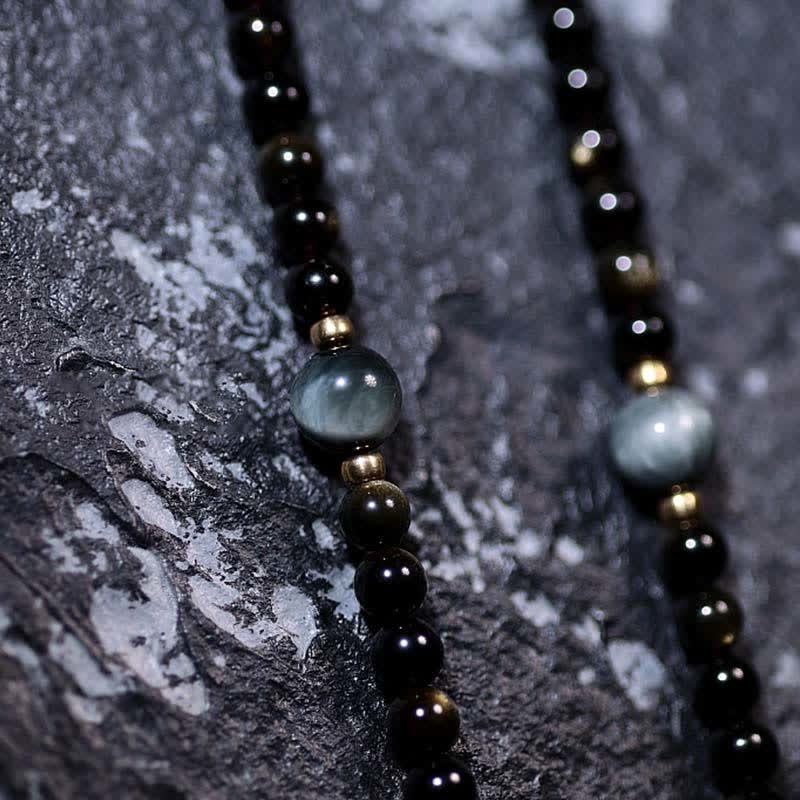Mala Tigerauge Obsidian Armband mit schwarzen Perlen eleganter Schmuck