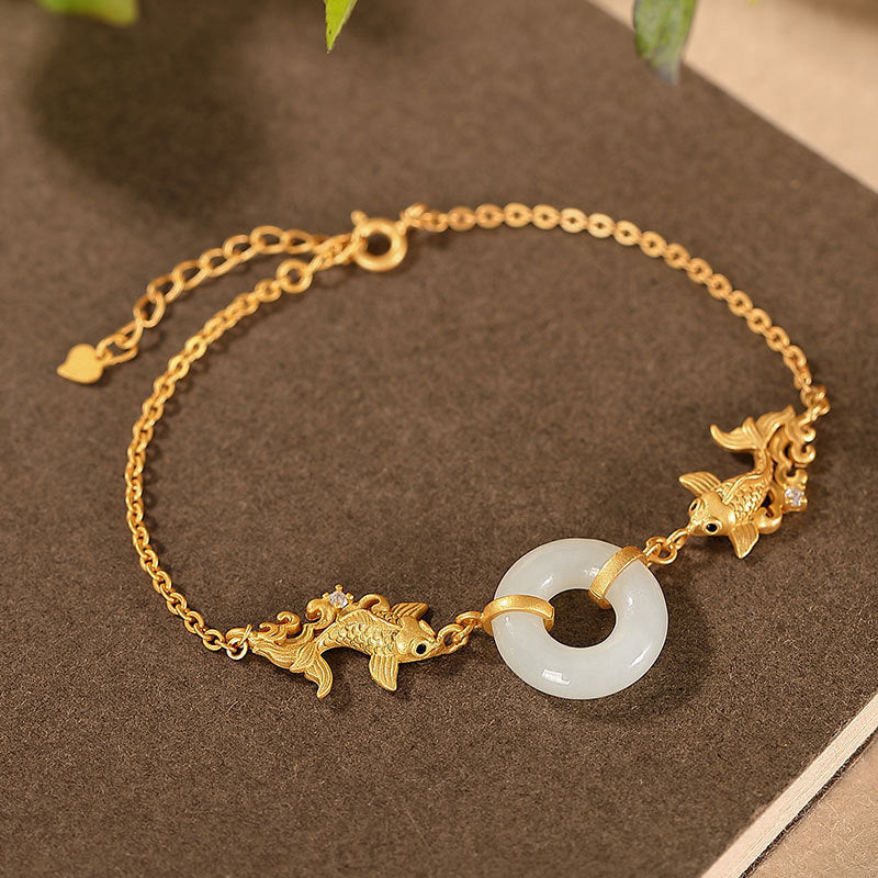 Armband Weiße Jade Koi Fisch Gold elegantes Design Wohlstand Glück