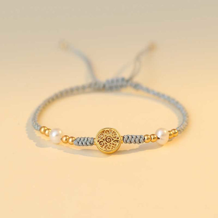 Armband Kupfer – Glück & Stärke mit Perlen grauem Seil golden