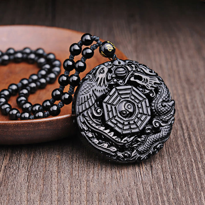 Anhänger Obsidian Drachen Phönix schwarzer Naturstein Kette Perlen