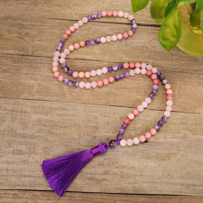 Mala Rosenquarz Amethyst Perlen Halskette mit violettem Quaste Anhänger