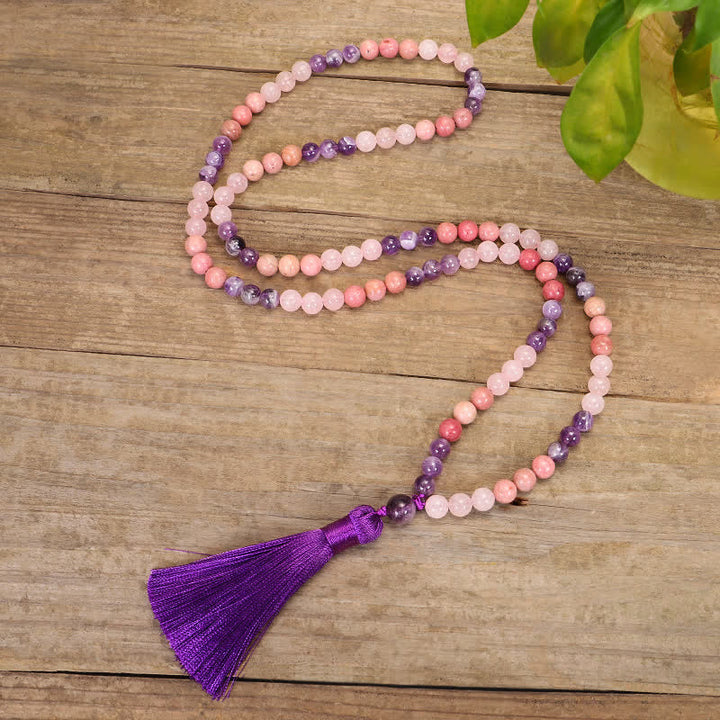 Mala Rosenquarz Amethyst Perlen Halskette mit violettem Quaste Anhänger