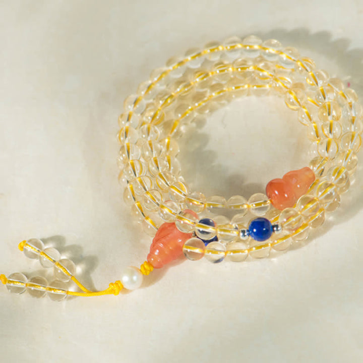 Citrin Mala Armband mit Koralle und Lapislazuli Perlen elastisch.