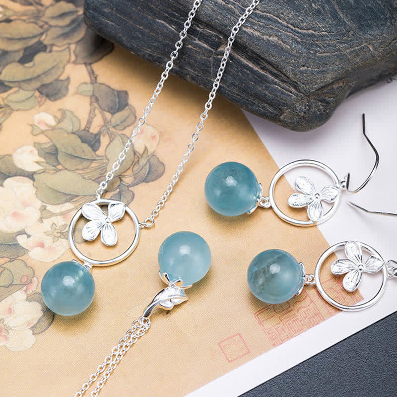 Aquamarin Kette Ohrringe Blume Sterlingsilber Naturstein