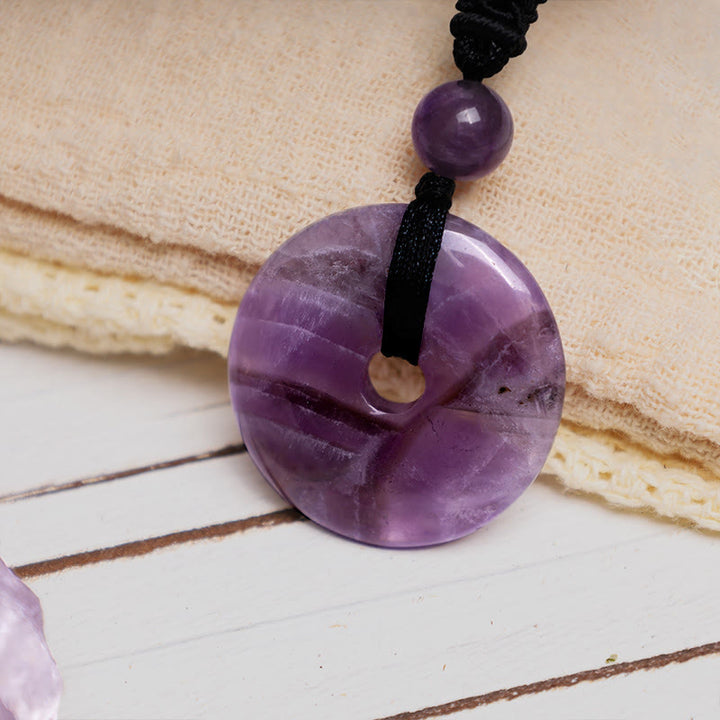 Amethyst Kette Münze Anhänger Naturstein Heilstein schwarze Schnur Glück