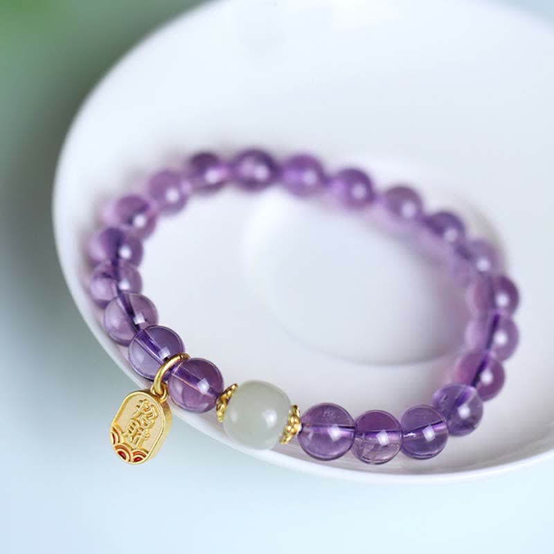 Armband Amethyst Kristall lila Perlen Jade Charm elastisch getragen