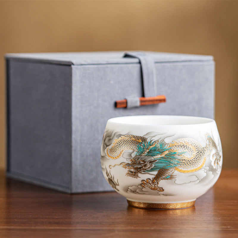 Teetasse Porzellan Drachen Phönix Goldener Drache 175ml Geschenkbox