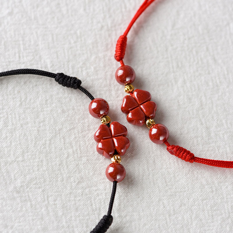 Armband Zinnober Kleeblatt rotes Naturstein Perlen elastisch Segen Liebe