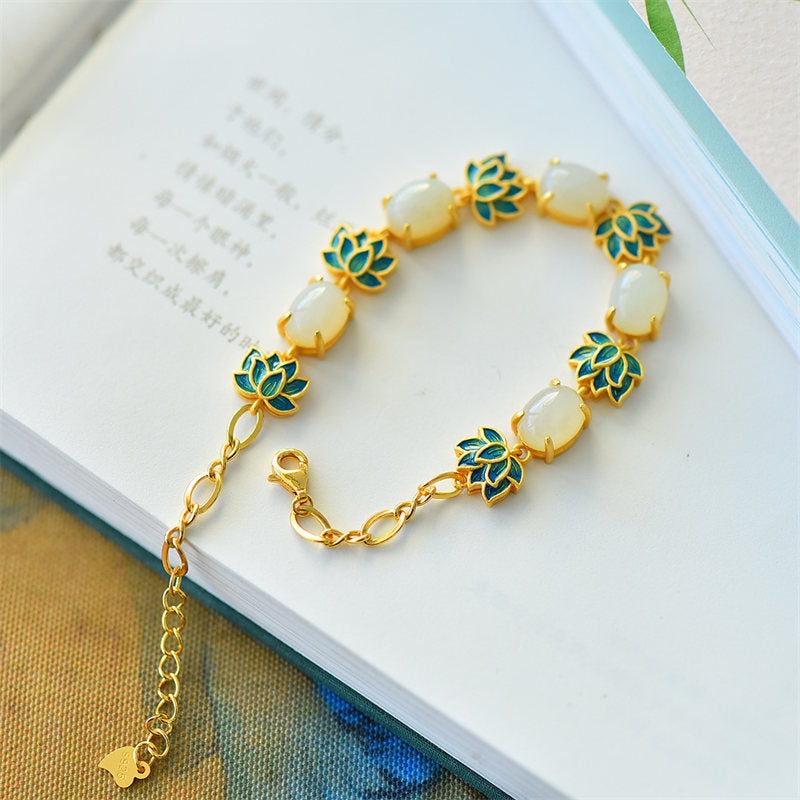 Armband Weiße Jade Cyan Jade Lotus mit goldenem Verschluss elegant.