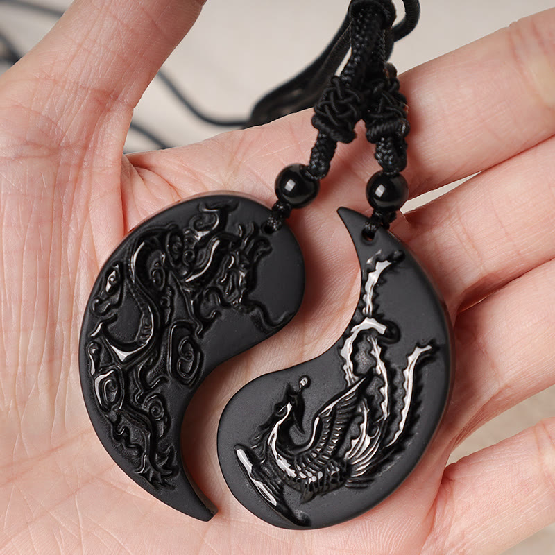 Obsidian Drachen Phönix – Bild 5 – Obsidian Drachen Phönix Anhänger Yin Yang Design schwarzer Naturstein Kette