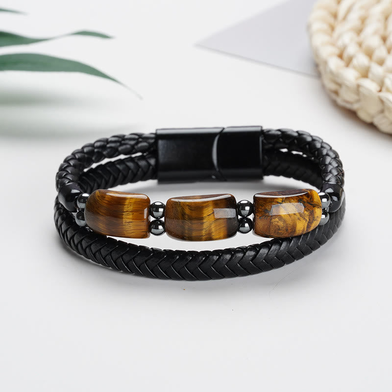 Armband Tigerauge Magnetisch – Schutz schwarzes geflochtenes Lederarmband
