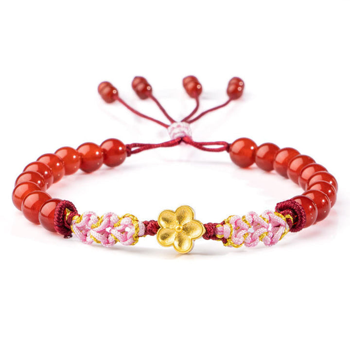 Rotes Achat Armband mit goldener Blume und rosa Verzierungen elastisch