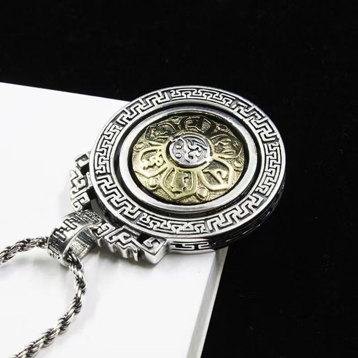 Silberne Kette Doppel-Vajra Om drehbar Tibet Anhänger Stein