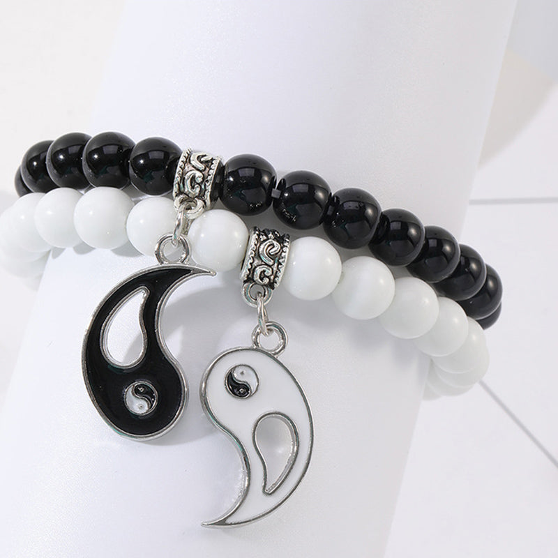 Armband Schwarzer Onyx Weiß Yin Yang Paar Anhänger Naturstein elastisch