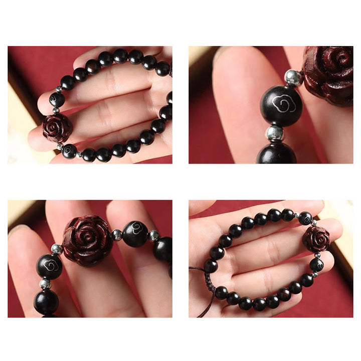 Schwarzes Obsidian Armband Sandelholz Rose Perlen elastisch Handgelenk