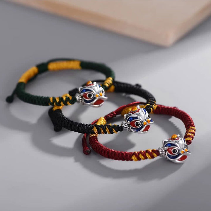Armband Tanzendes Löwe Glück Geflochten in Rot Schwarz Gold Farben