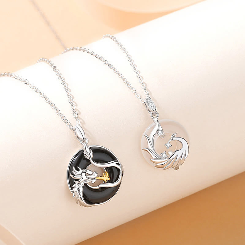 Silberne Kette Onyx Drachen Phönix Anhänger Schutz Frieden Schmuck