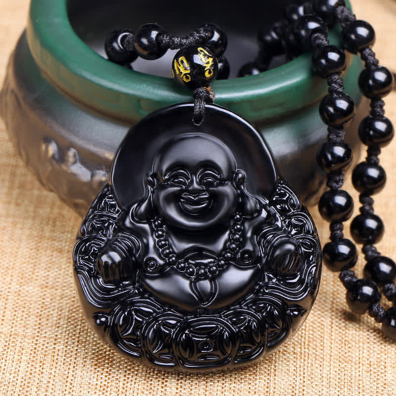 Anhänger Obsidian Lachender Buddha schwarzer Naturstein Perlenarmband Schutz Wohlstand