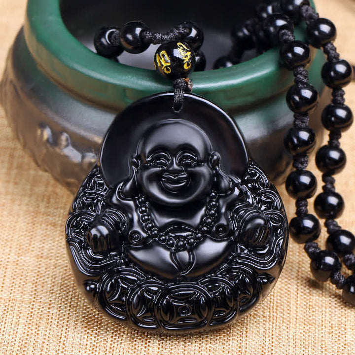 Anhänger Obsidian Lachender Buddha schwarzer Naturstein Perlenarmband Schutz Wohlstand