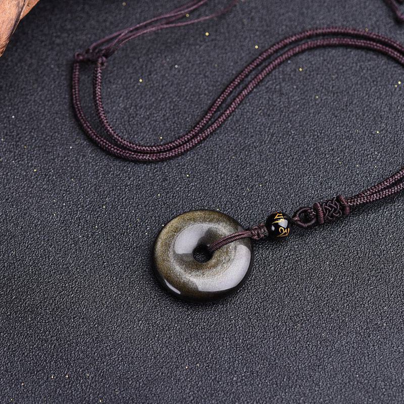Kette Obsidian Ring Anhänger dunkelgrau Naturstein Schutz Stärke