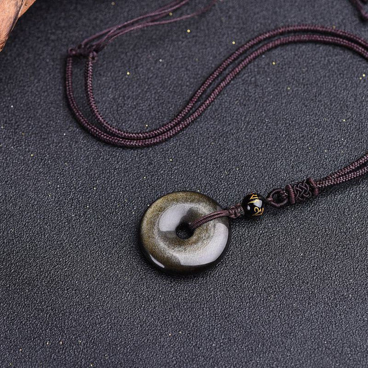 Kette Obsidian Ring Anhänger dunkelgrau Naturstein Schutz Stärke