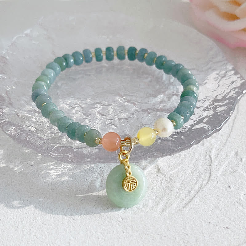 Armband Jade grüne Perlen Erdbeerquarz Fu-Zeichen Anhänger elastisch