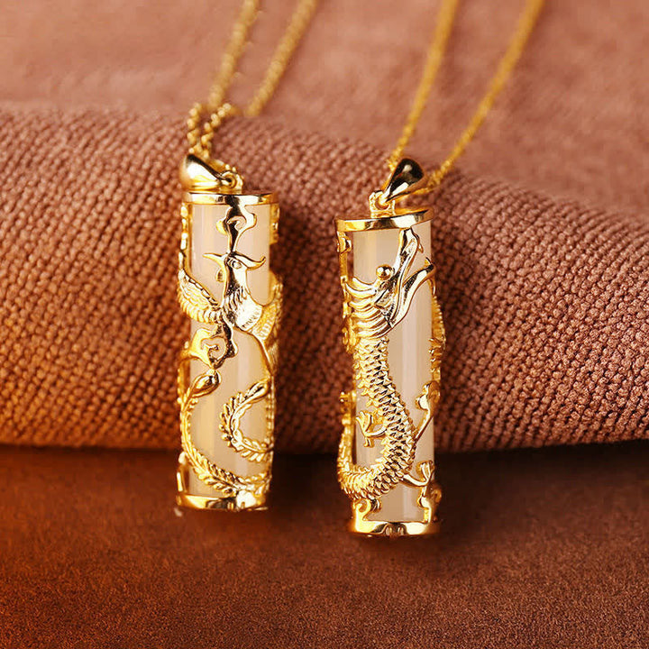 Jade-Kette mit Drachen-Phönix-Motiv, goldener Kupfer-Anhänger, Harmonie und Segen