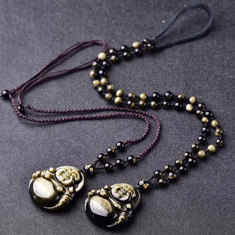 Kette Obsidian Lachender Buddha Wohlstand Perlen goldglanz