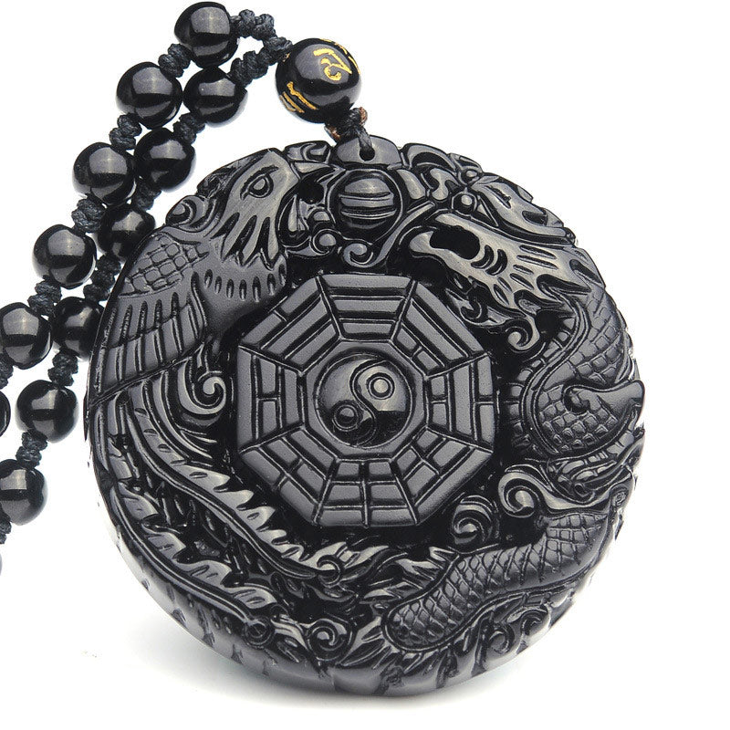Anhänger Obsidian Drachen Phönix schwarzer Naturstein Yin Yang Motiv