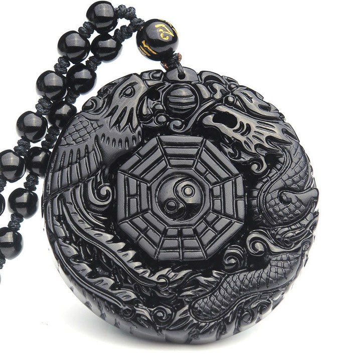 Anhänger Obsidian Drachen Phönix schwarzer Naturstein Yin Yang Motiv