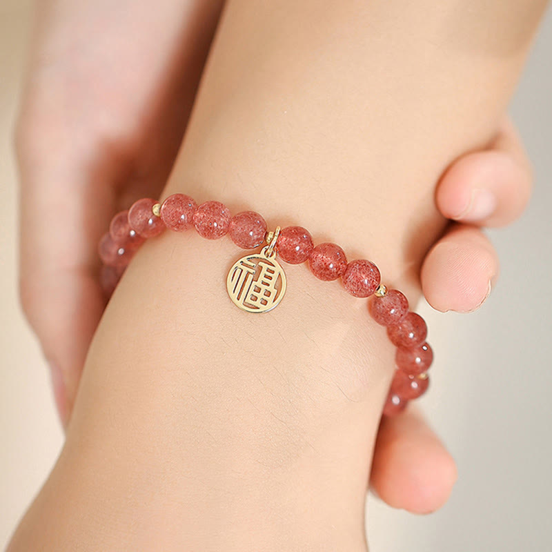 Armband Erdbeerquarz Fu-Zeichen Heilung Naturstein rosa glitzernd elegant