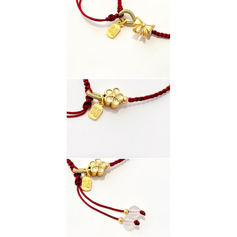 Armband Pfirsichblüte Glück Energie mit rotem Seidenfaden vergoldet