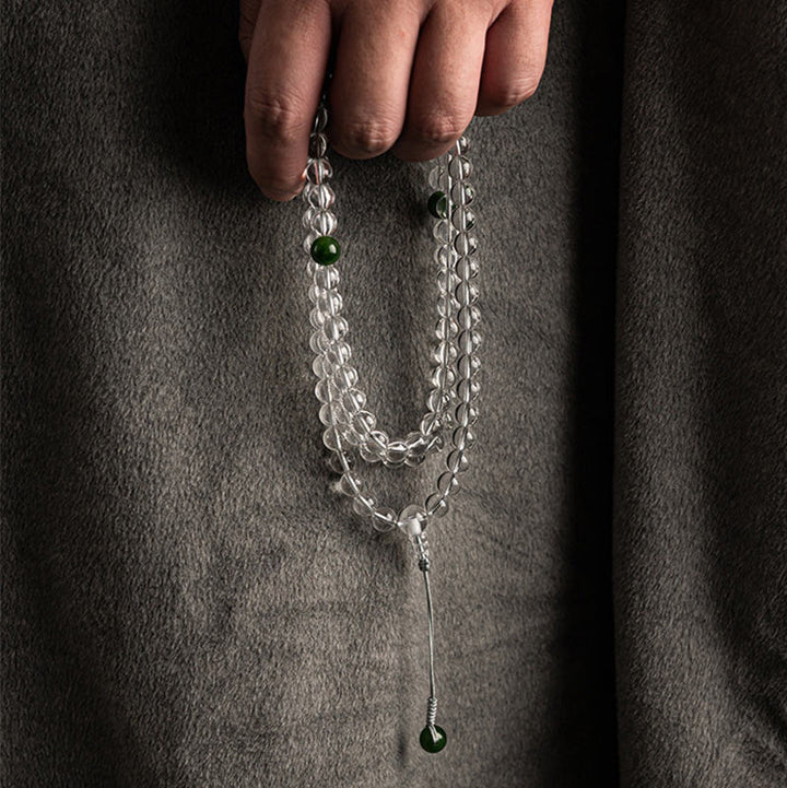 Mala 108 Perlen Weißer Kristall Jade Halskette grüne Perlen elegant
