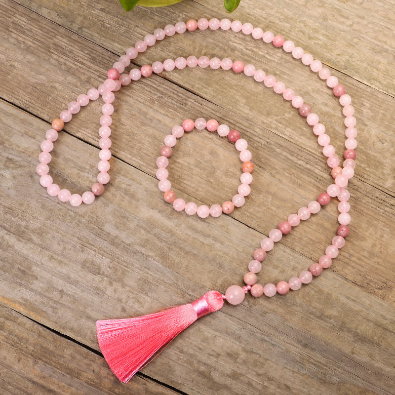 Rosenquarz Mala 108 Perlen Kristall – Liebe mit rosa Quaste Holz