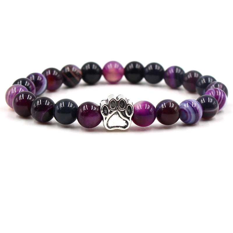 Armband Achat Ruhe lila schwarze Perlen Pfotencharm silbern elastisch