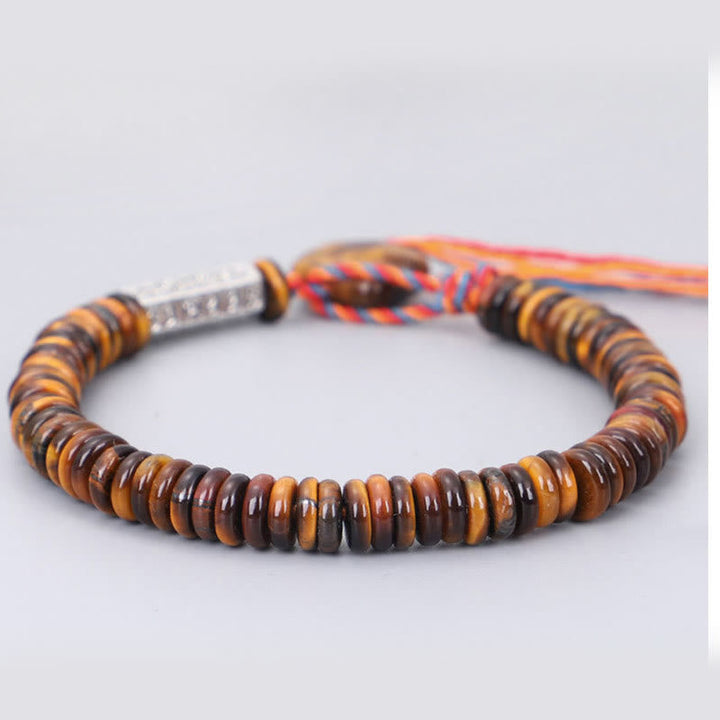 Tigerauge Armband mit Om Mani Padme Hum Verschluss farbigen Schnüren