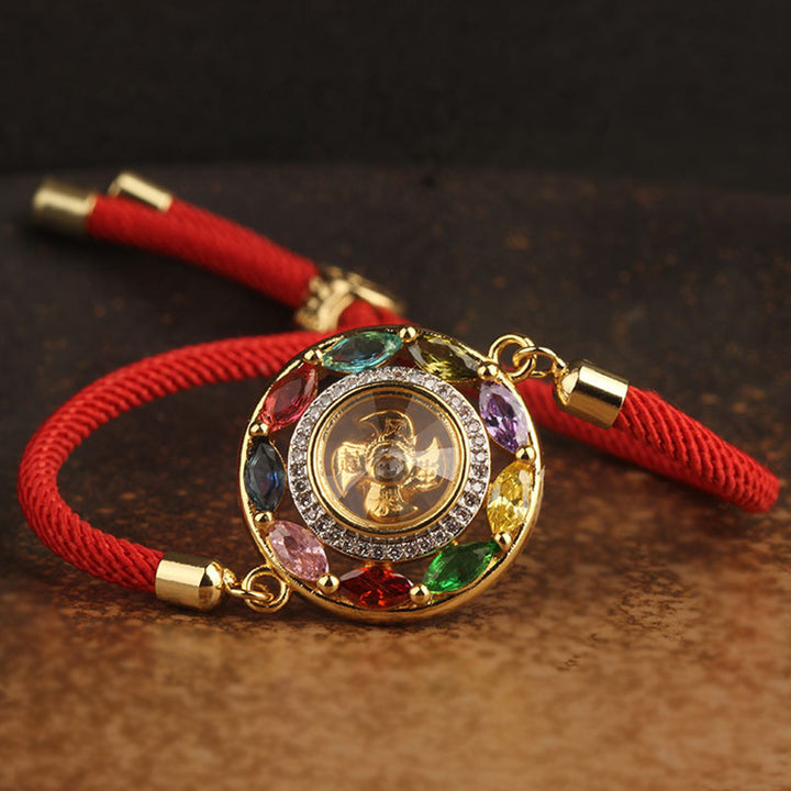 Rotes Armband mit vergoldetem Anhänger, bunte Zirkone, Wohlstand Kette Zirkon Kupfer