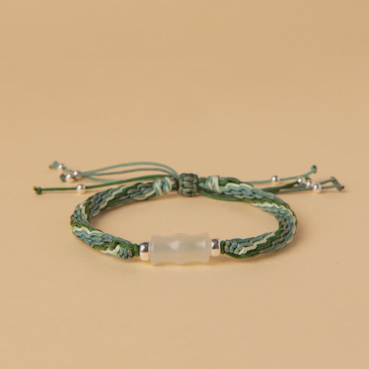 Armband Weiße Jade Bambus grünes Textilband elastisch verstellbar elegant