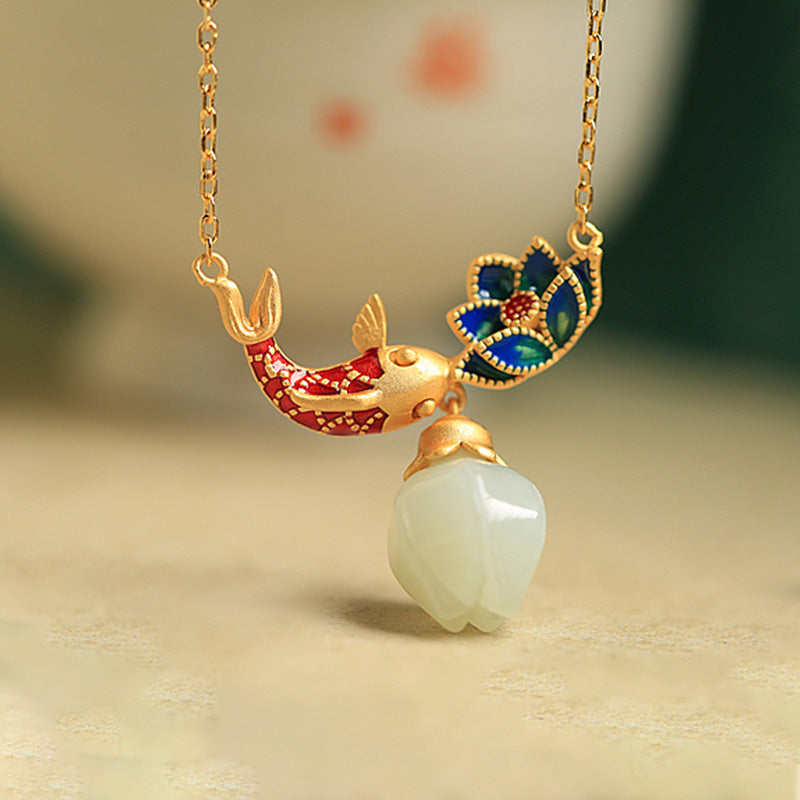 Anhänger Kette Jade Koi Lotus Kupfer Schutz