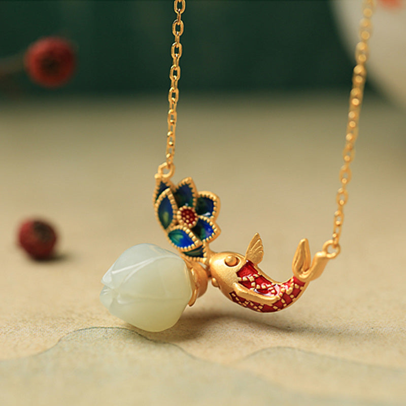 Anhänger Kette Jade Koi Lotus Kupfer Schutz