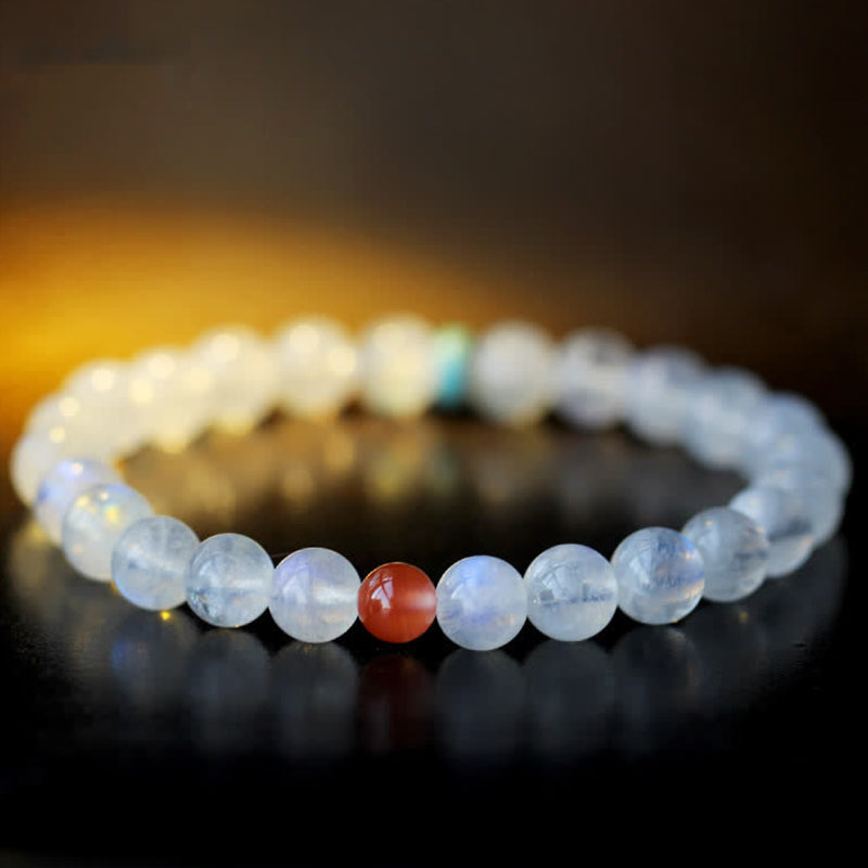 Armband Mondstein Mond – Heilung & Ruhe mit rotem Achat Zentrum elastisch.