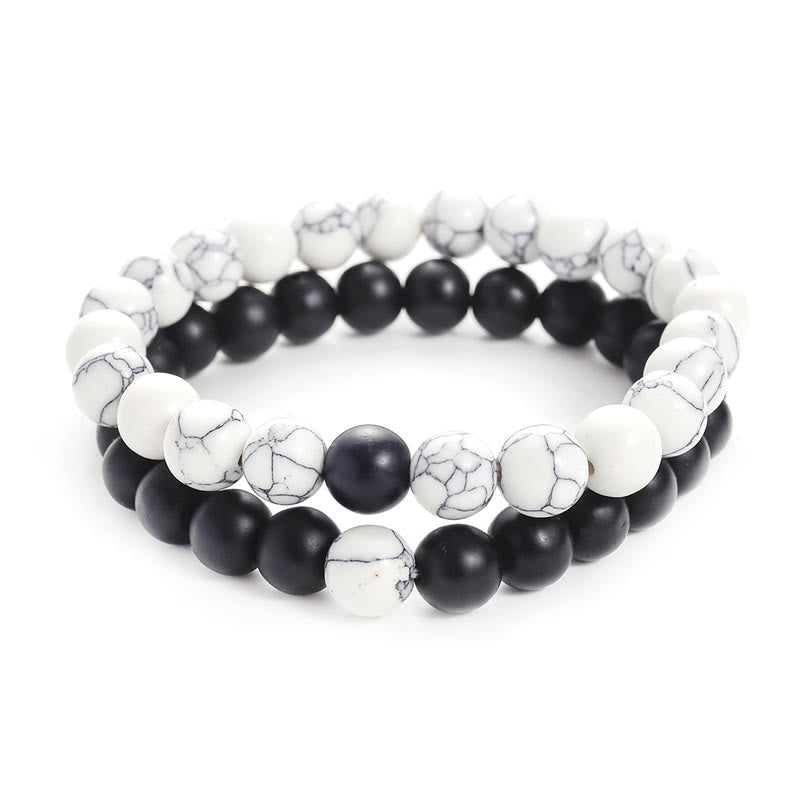 Armband zweireihig Weiß Schwarz Naturstein elastisch Perlen